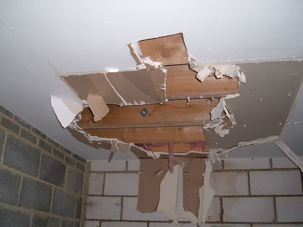 Ceiling water damage from a burst pipe